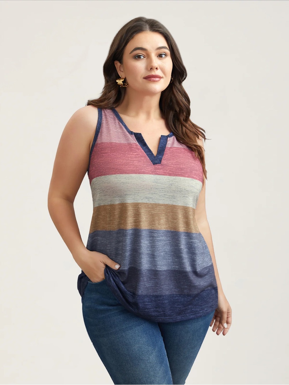 BloomChic Striped Split-Neck Tank Top - Pink, Cream, Brown, Blue
